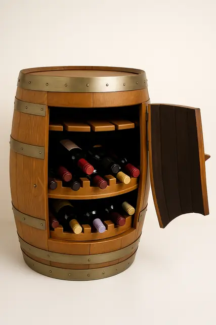 A pale oak barrel bar with its door swung open.