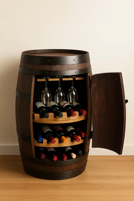 A dark-stained barrel bar open on a wooden floor.