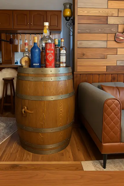 A barrel table set beside a leather booth bench.