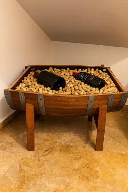 A half-barrel table with a glass top over a bed of wine corks.