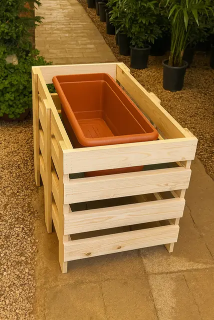 A handmade wooden planter with an inner liner.
